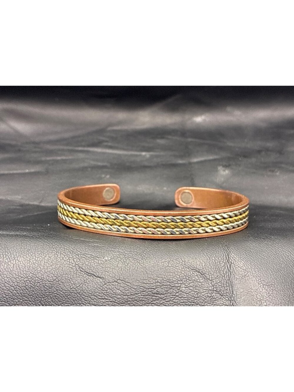Copper Magnetic Bracelet Mixed Metal  Braided Brass & Silver Accents Open Cuff